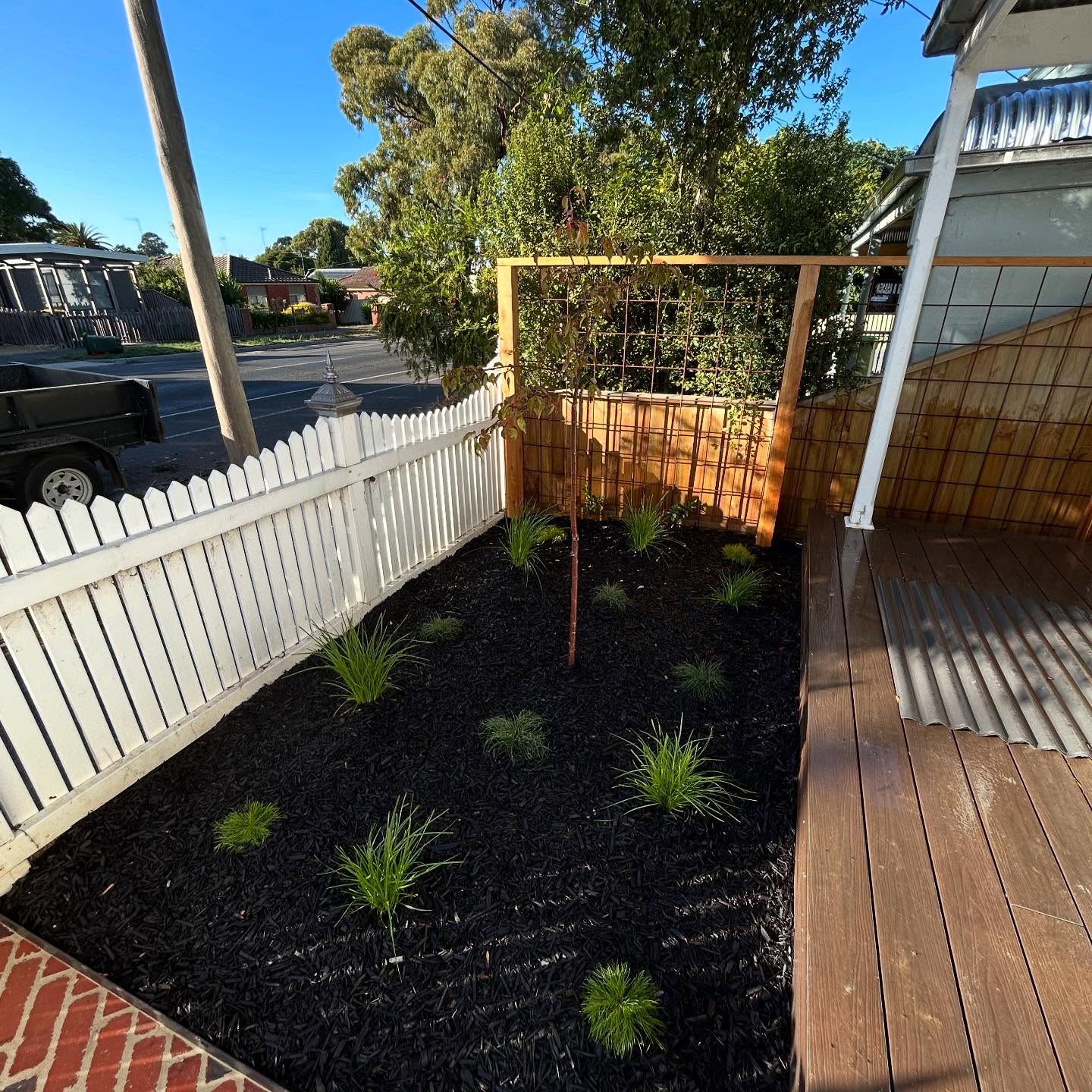 Low-maintenance front yard with red brick path / 4